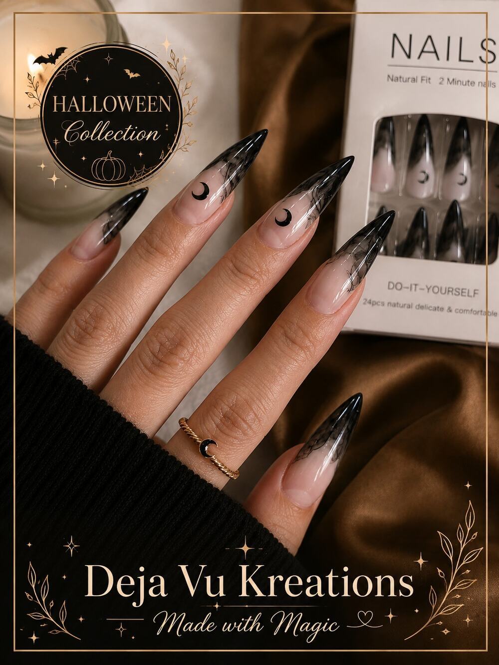 Gothic Black Smoke Crescent Moon Press On Nails 24 Piece